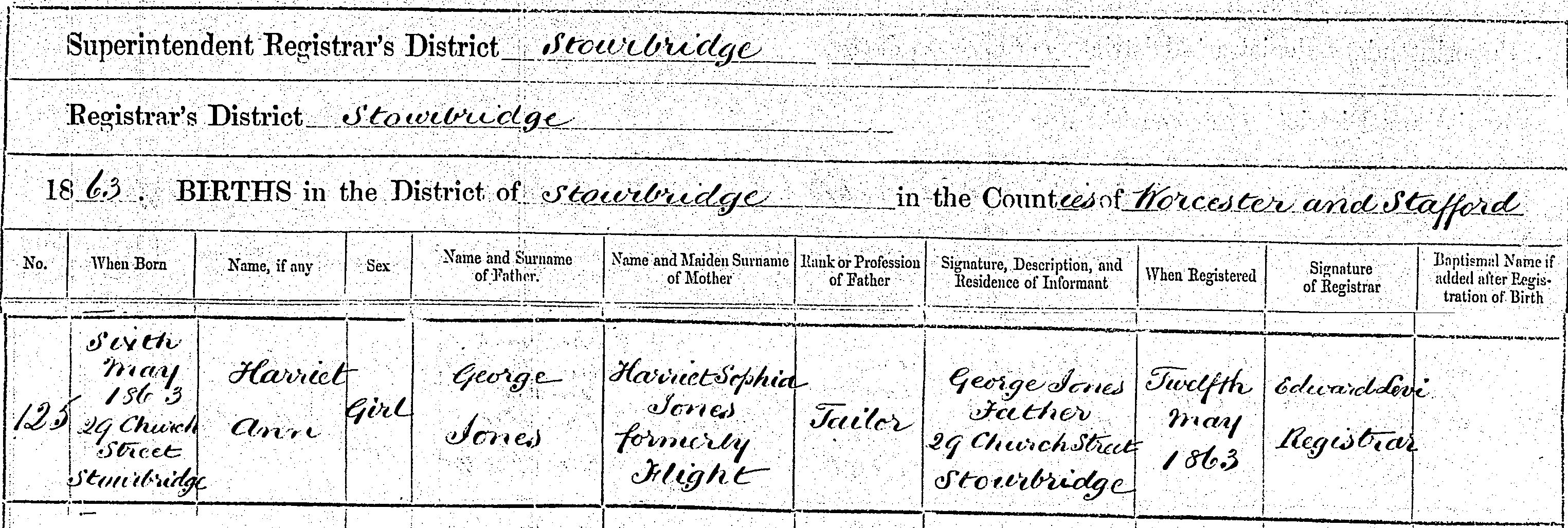 Birth certificate of Harriet Ann Jones
