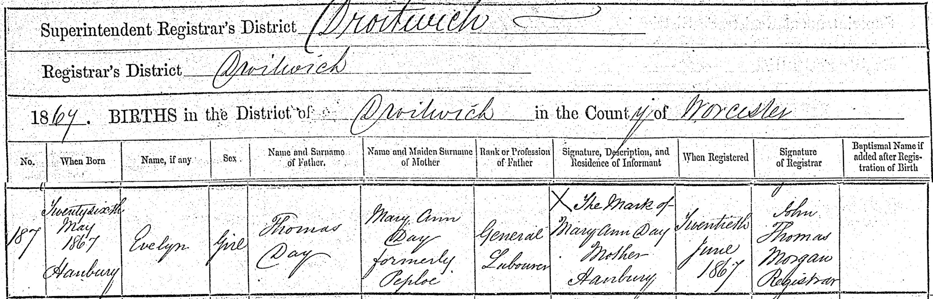 Birth certificate of Evelyn Day
