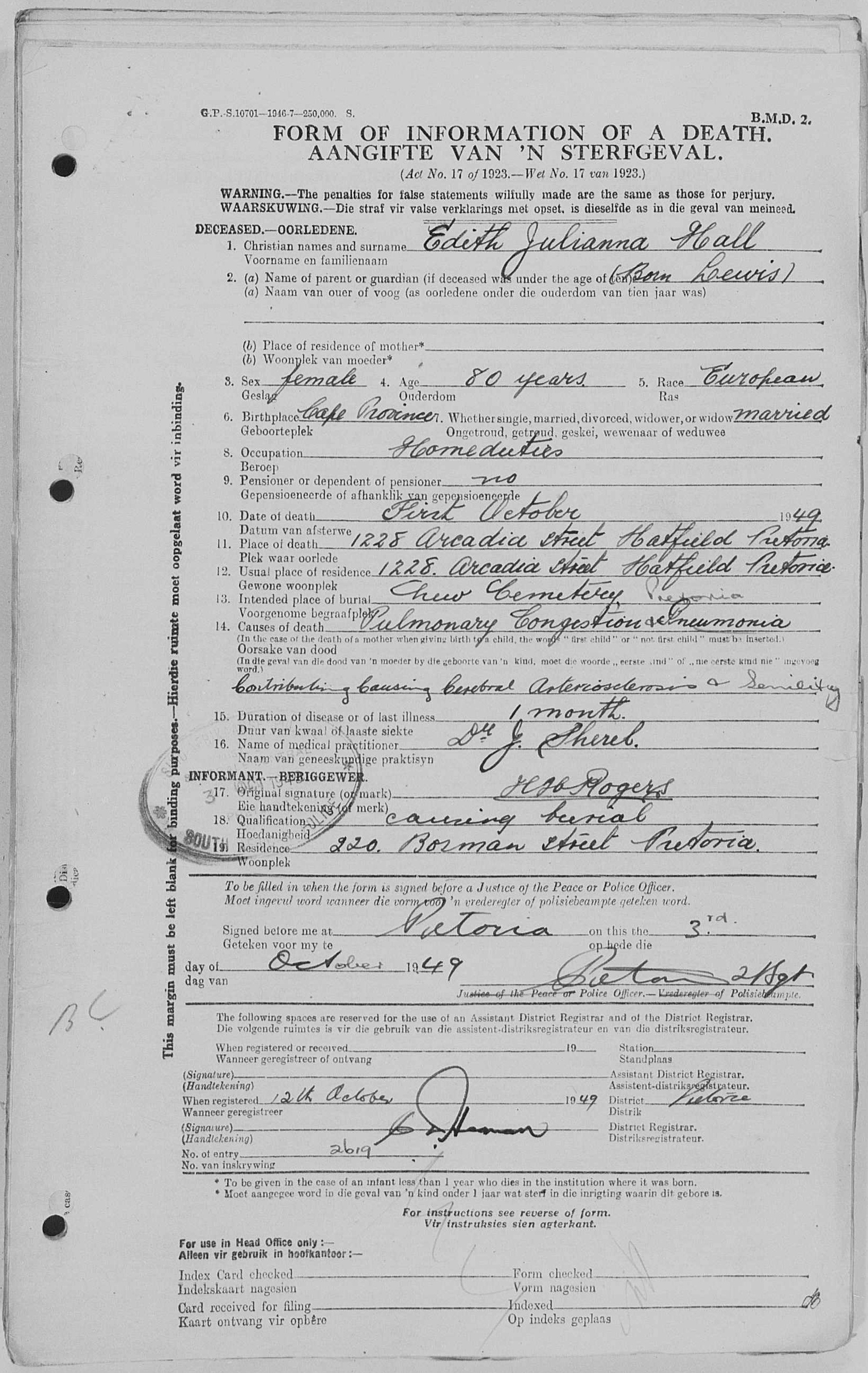 Death certificate of Edith Julianna Hall (nee Lewis)