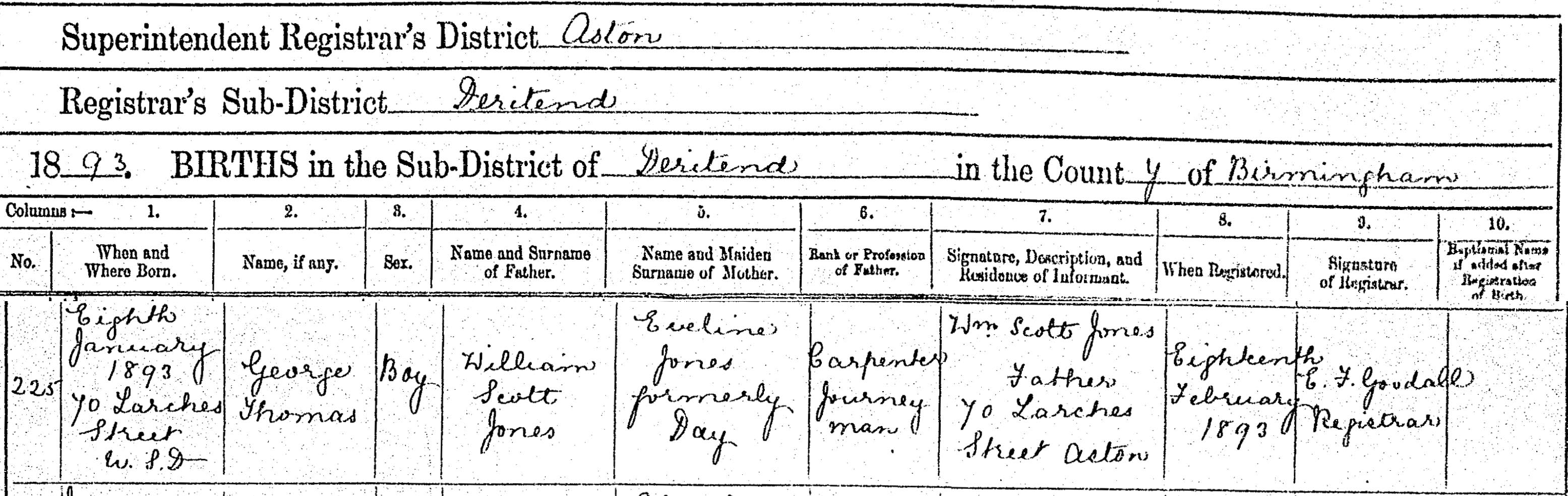 Birth certificate of George Thomas Jones