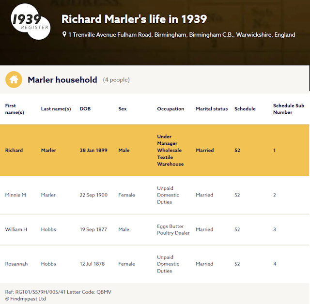1939 Register for Marler family 1939 Register for Marler family